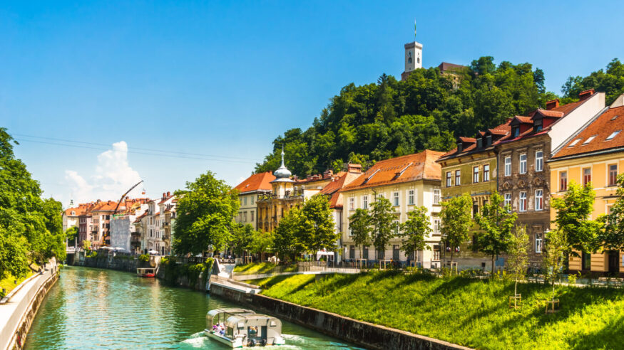 View on medieval buildings and ljubljanica river in Ljubljana - Slovenia