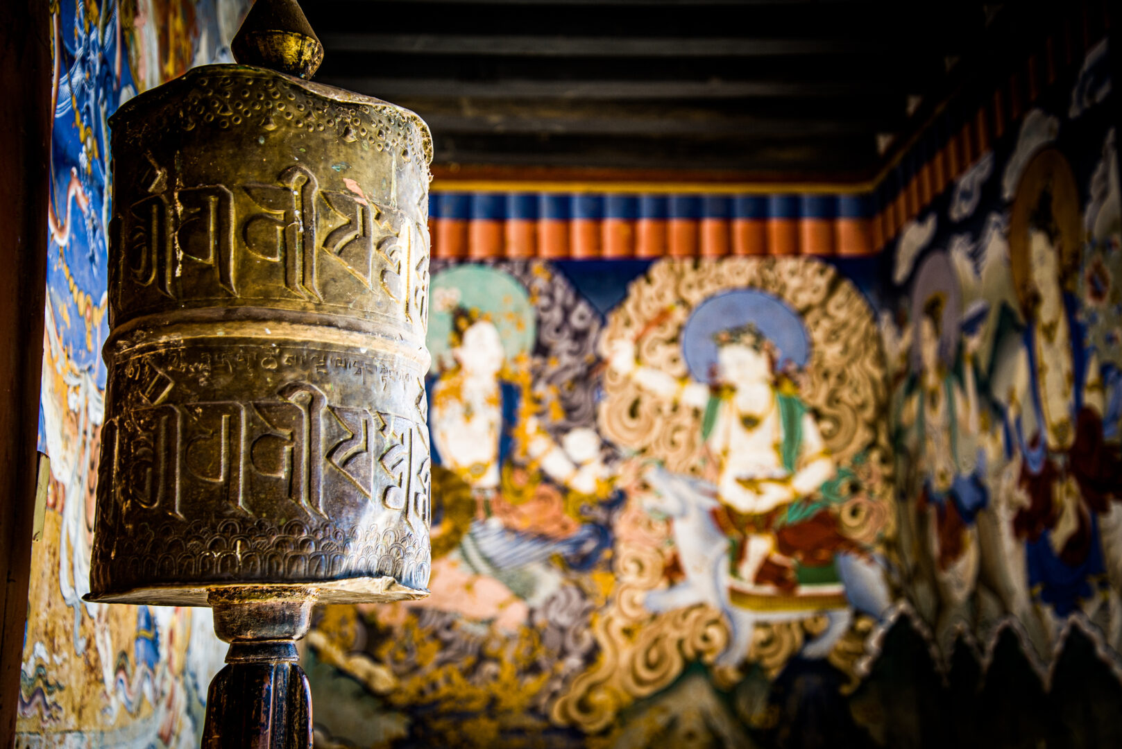 Spinning prayer wheel in Gangtey, Bhutan