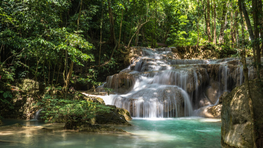 Landscape view of Erawan waterfall kanchanaburi thailand.Erawan National Park is home to one of the most popular falls in the thailand.First floor of erawan waterfall Hlai Khuen Rung