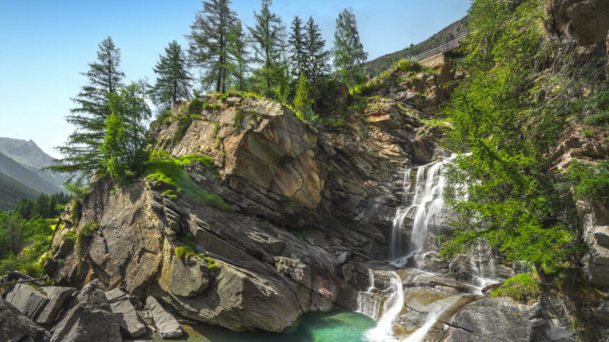 Lillaz waterfalls in summer, the topmost part. Cogne, Aosta Valley region, Italy