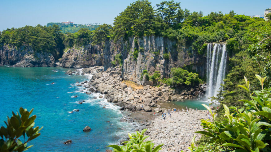 The Jeongbang Waterfall which falls directly into the sea, Jeju-do, South Korea