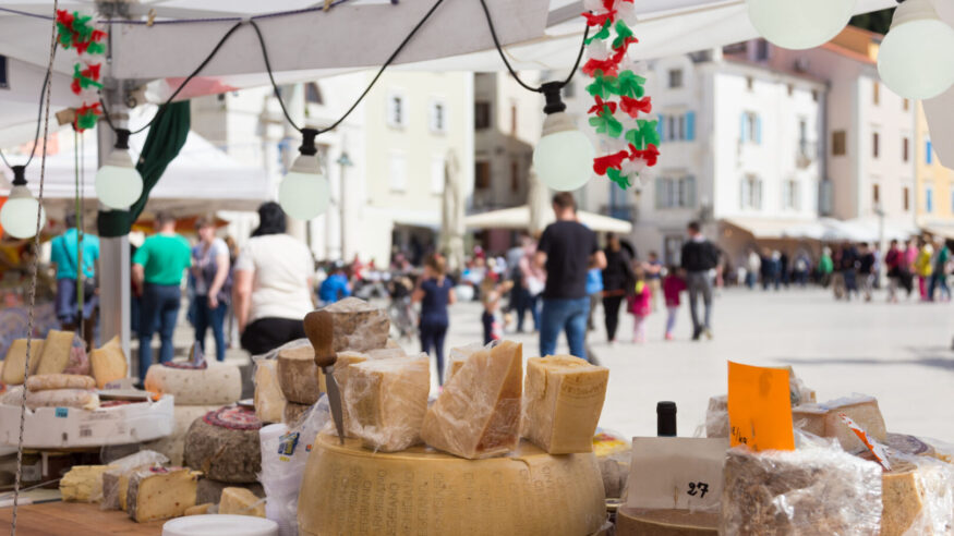 Sunday cheese market. Large selection of cheeses.