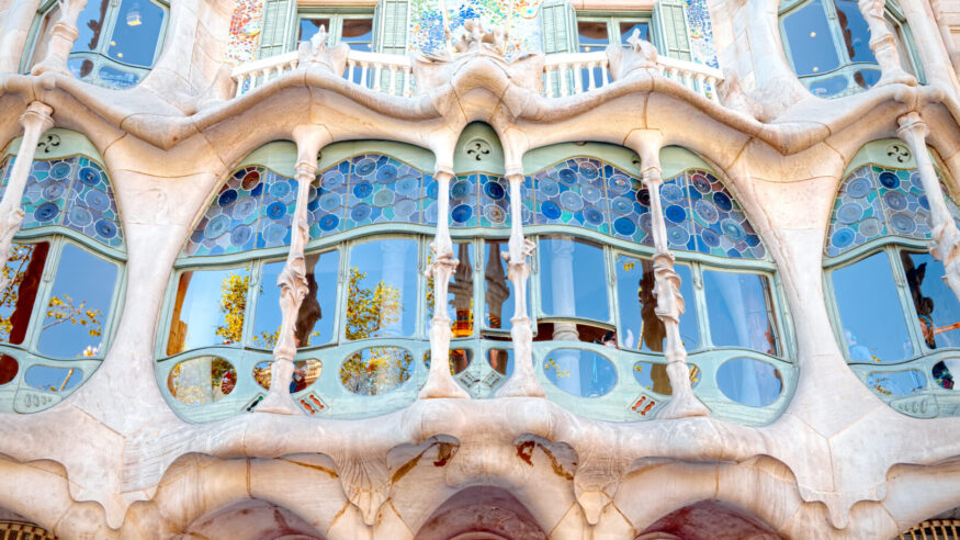 Facade of Casa Batlló by the architect Antoni Gaudí, located in Barcelona, Spain at civic 43 of Passeig de Gràcia.