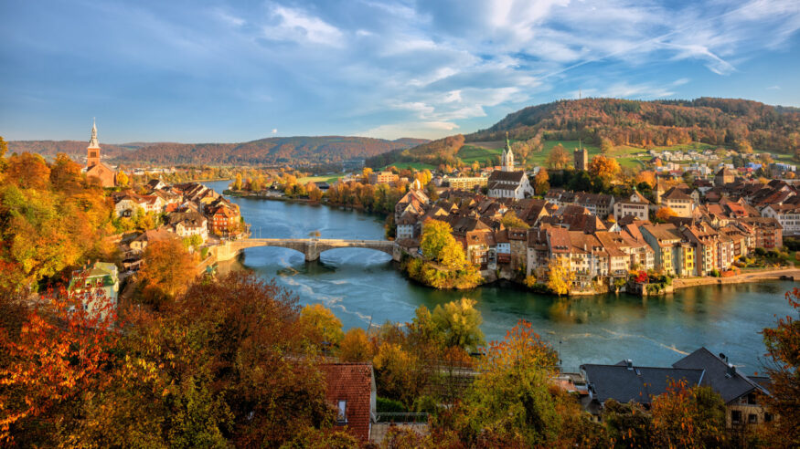 Laufenburg Old town on Rhine river is a popular day trip destination around Basel, Switzerland, on the swiss german border
