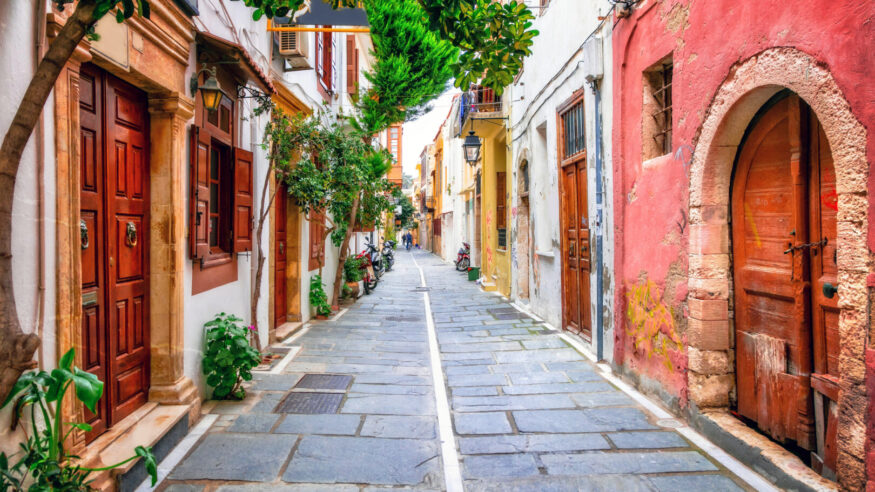 Traditional street restaurants and streets of Greece. Crete island