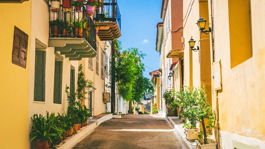 Traditional cozy greek street in city Nafplio, Greece