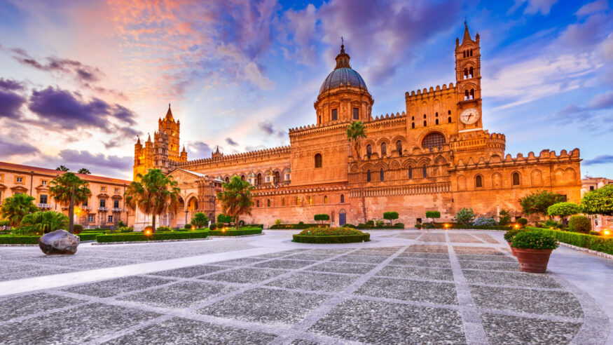 Palermo, Italy. Sunset with Norman Cathedral, travel in Sicily.