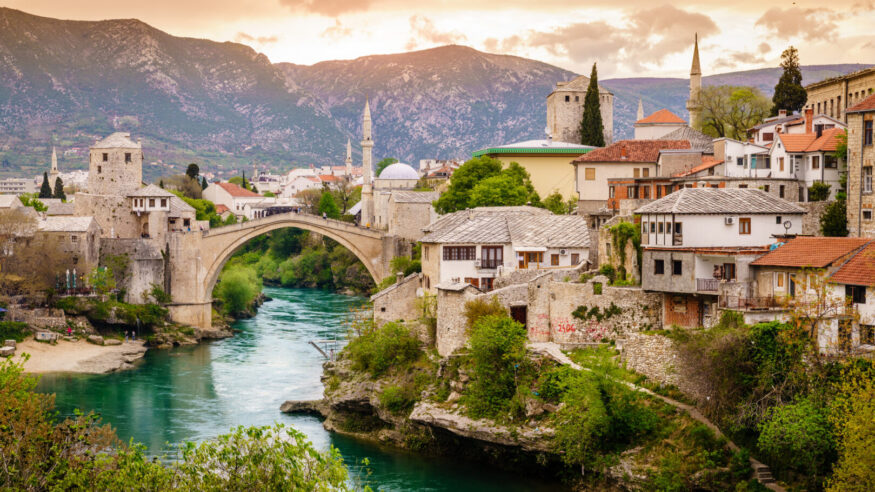 Scenic view of the city of Mostar and the Neretva River, Bosnia