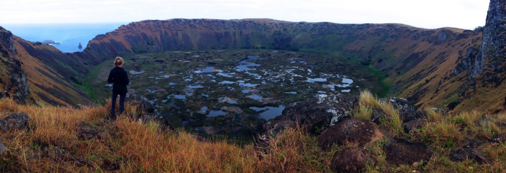 The author peering inside the Rano Kau Crater